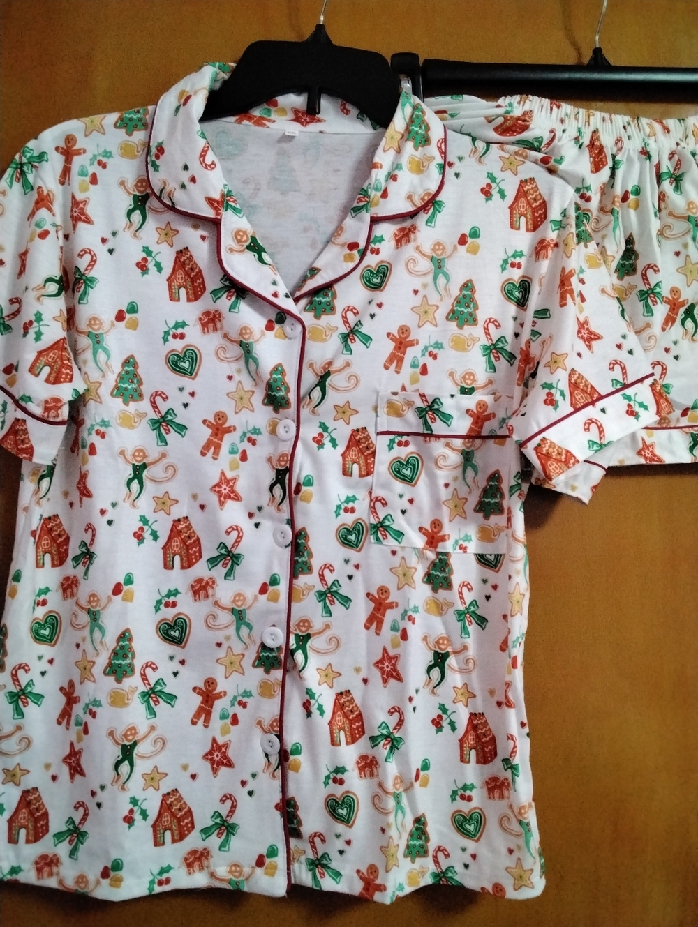 Womans Holiday Print Short Sleeve Pajama Set - White with Red & Green